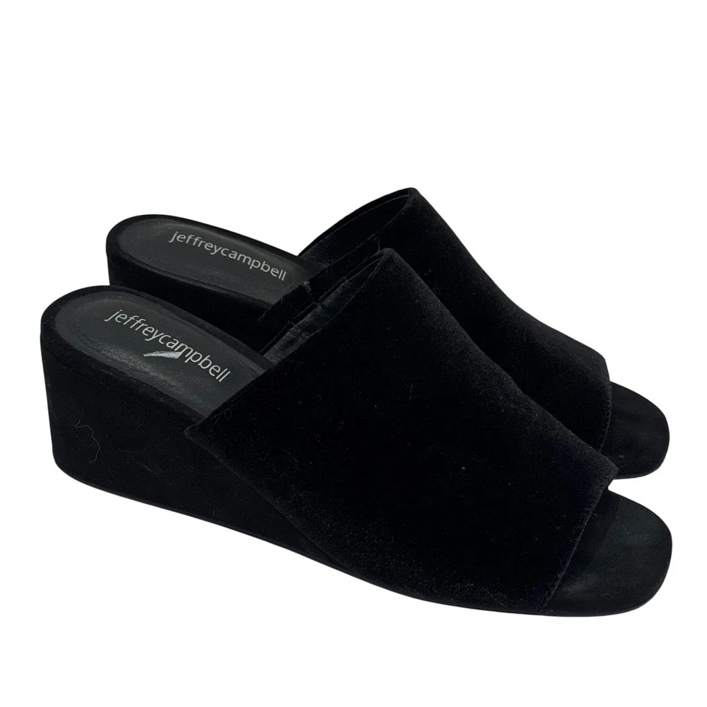 Jeffrey Campbell Willow Wedge Sandals Womens 7 Black Velvet Open Toe Slides 90s